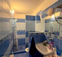 Koupelna v rodinném domě s modro-bílými kachličkami, umyvadlem a sprchovým koutem.