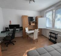 Interiér 3-pokojového bytu s podlahou s dřevěným dekorem, pracovním stolem a pohovkou.