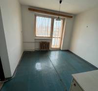 Jednoduchý pokoj v 1-pokojovém bytě s oknem a radiátorem, podlaha s tmavým dekorem.