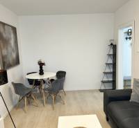 Obývací pokoj v 2-pokojovém bytě s podlahou s dřevěným dekorem, šedou sedačkou a jídelním stolem.