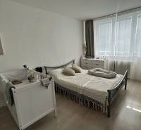 Ložnice v 2-pokojovém bytě s postýlkou, postelí a komodou, podlaha s dřevěným dekorem.