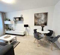 Interiér 2-pokojového bytu se stolem, židlemi a dekoracemi, podlaha s dřevěným dekorem.