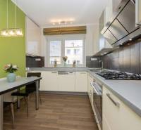 Kuchyně v 2-pokojovém bytě s podlahou s dřevěným dekorem a zelenou stěnou.