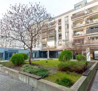 Bytový dům na Hrachové v Bratislavě - Ružinově obklopený zelení se stromem a keři.