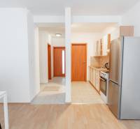 Kuchyně s jídelním stolem v 2-pokojovém bytě, podlaha s dřevěným dekorem.