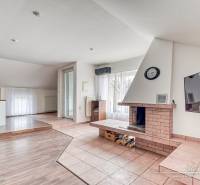 Obývací pokoj s krbem v rodinném domě, podlaha s dřevěným dekorem, prostorná okna.