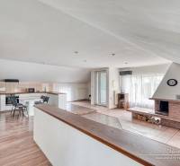 Obývací pokoj s krbem a kuchyňskou částí, podlaha s dřevěným dekorem, světlá místnost.