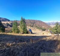 Zemědělské a lesní pozemky v Hronci, obklopené kopci a jehličnatými stromy.