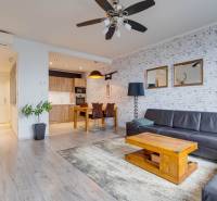 Obývací pokoj v 3-pokojovém bytě s podlahou s dřevěným dekorem a koženou sedačkou.