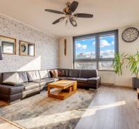 Obývací pokoj v 3-pokojovém bytě s koženou sedačkou, podlahou s dřevěným dekorem a velkými okny.