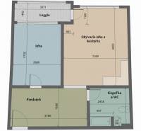 Půdorys 2-pokojového bytu s lodžií, předsíní, obývacím pokojem, koupelnou a ložnicí.