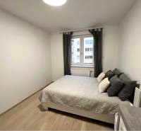 Ložnice s postelí a podlahou s dřevěným dekorem v 2-pokojovém bytě.