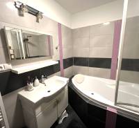 Koupelna s vanou, umyvadlem a zrcadlem v 2-pokojovém bytě.