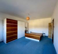 Pokoj v rodinném domě s modrým kobercem, dřevěným nábytkem a jednoduchým lustrem.