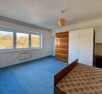 Ložnice v rodinném domě s modrým kobercem, skříňkami a velkými okny.