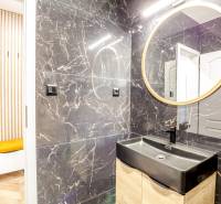 Koupelna v Rekreačním apartmánu s černým umyvadlem a kulatým zrcadlem.