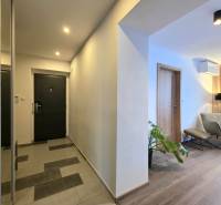 Chodba přechází do obývacího pokoje s podlahou s dřevěným dekorem ve 2pokojovém bytě.