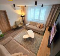 Obývací pokoj v dvoupokojovém bytě s pohodlnou pohovkou, konferenčními stolky a podlahou s dřevěným dekorem.