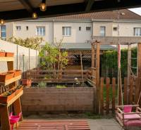 Zahradní prostor s houpačkou a dřevěnými truhlíky za 2pokojovým bytem na Coburgově v Trnavě.