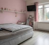 Růžový pokoj s postelí, policemi a podlahou s dřevěným dekorem v 2-pokojovém bytě.