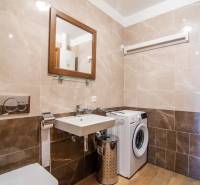 Koupelna v rodinném domě s pračkou, umyvadlem a podlahou s dřevěným dekorem.