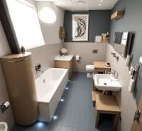 Koupelna v rodinném domě s umyvadlem, vanou a WC. Podlaha s dřevěným dekorem.