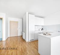 Kuchyně v 2-pokojovém bytě s bílými skříňkami a podlahou s dřevěným dekorem.