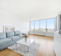 Obývací pokoj s podlahou s dřevěným dekorem, velkými okny a pohodlnou sedačkou v 2-pokojovém bytě.