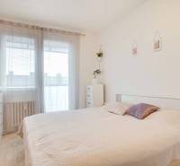 Ložnice v třípokojovém bytě se světlou postelí a komodou, dekorovaná rostlinou.