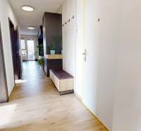 Chodba ve 3-pokojovém bytě s podlahou s dřevěným dekorem a úložným prostorem.