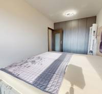 Ložnice s velkou postelí, vestavěnou skříní a podlahou s dřevěným dekorem ve 3-pokojovém bytě.