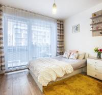 Světlý 1-pokojový byt s postelí, kobercem a podlahou s dřevěným dekorem.