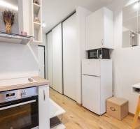 Kompaktní kuchyň s varnou deskou, lednicí a podlahou s dřevěným dekorem v 1-pokojovém bytě.