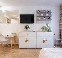 Interiér 1-pokojového bytu s bílým nábytkem a podlahou s dřevěným dekorem.