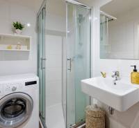 Koupelna s pračkou, sprchou a umyvadlem v 1-pokojovém bytě.