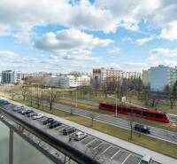 Výhľad z balkóna v Bratislave - Ružinove na ulici Súmračná s električkou a parkom.