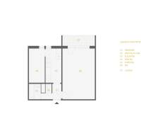 Pôdorys 1-izbového bytu s obývacou izbou, kuchyňou, loggiou a kompletným zázemím.