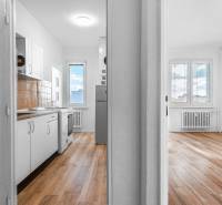 Svetlá kuchyňa a obývacia izba s podlahou s dreveným dekorom v 1-izbovom byte.