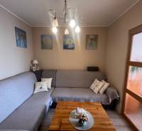 Obývací pokoj v 3-pokojovém bytě s pohovkou, obrazy a podlahou s dřevěným dekorem.