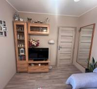 Pokoj s televizí, zrcadlem, dřevěnou sestavou a pohovkou, ve 3-pokojovém bytě.