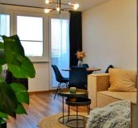 Obývací pokoj s podlahou s dřevěným dekorem, pohodlnou pohovkou a chlupatou dekou v 3-pokojovém bytě.