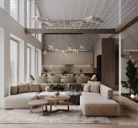 Elegantní obývací pokoj v chatě s podlahou s dřevěným dekorem a moderním nábytkem.