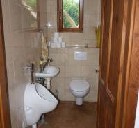 Malá koupelna s toaletou, pisoárem a umyvadlem, v 3-pokojovém bytě.