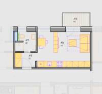 Půdorys garsonky na ulici Bodona, zobrazený interiér a rozložení místností.