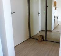 Chodba s bílými dveřmi a zrcadlovou skříní, plovoucí podlaha vede do kuchyně.