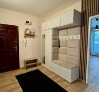 Chodba s věšákovou stěnou, zrcadlem a vstupem do obývací části, 3-pokojový byt.