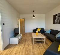 Obývací pokoj v 3-pokojovém bytě s pohovkami a podlahou s dřevěným dekorem.