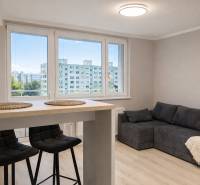 Obývací pokoj v dvoupokojovém bytě s pohovkou, barovým stolem a židlemi.