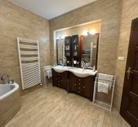 Koupelna v rodinném domě s podlahou s dřevěným dekorem a dvěma umyvadly.