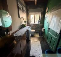 Koupelna v rodinném domě s tmavými stěnami, toaletou a pračkou.